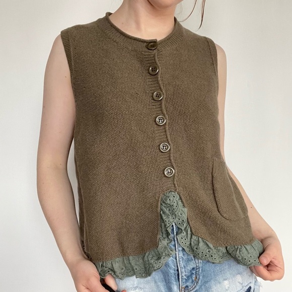 Saku New York Sleeveless Knit Vest Olive Green Top with Lace Trim Button Down S - Picture 1 of 8